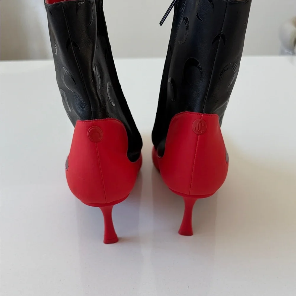 Jimmy Choo x Marine Serre Black and Red Pointed Leather Ankle Boots